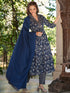 Navy Blue Pure Cotton Floral Printed A-line Kurta Pant With Dupatta Set